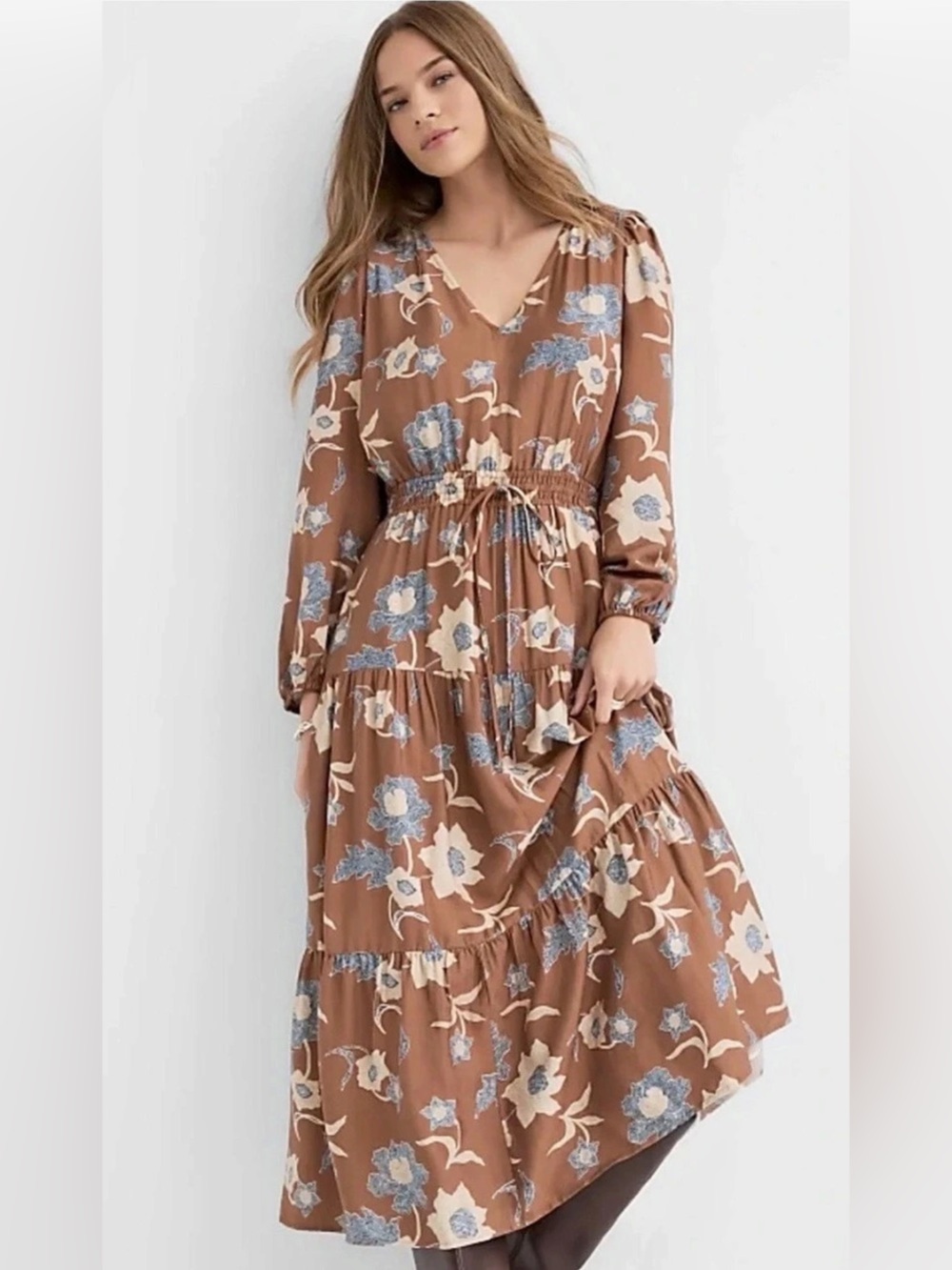 NWT LOFT Floral Smocked Tie Waist V-Neck Midi Dress in Brown